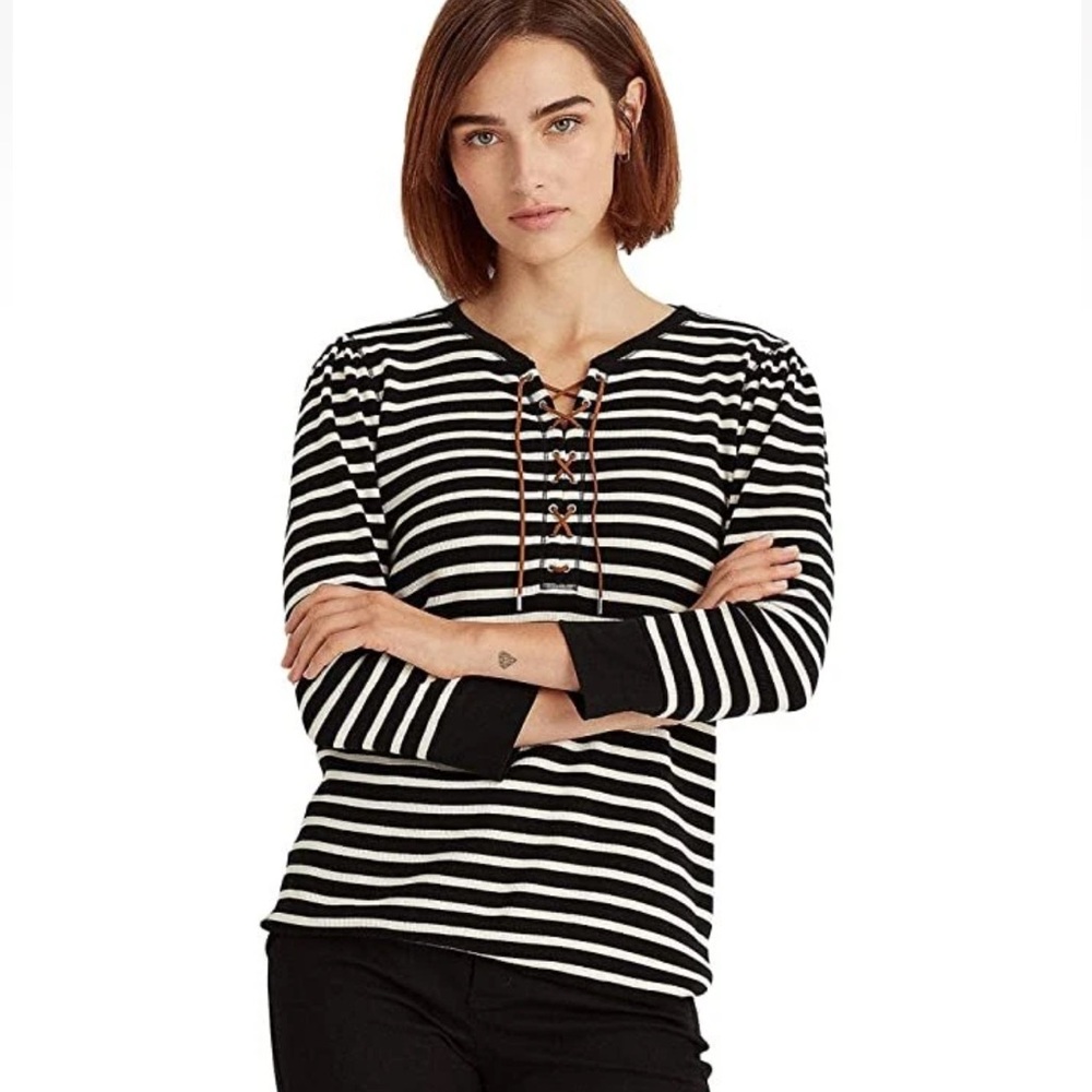 Lauren Ralph Lauren Thermal Shirt M Striped Lace Up Black equestrian